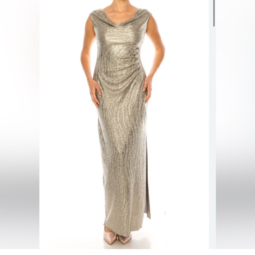 Connected Apparel Gold Ruched Asymmetrical Midi Dress